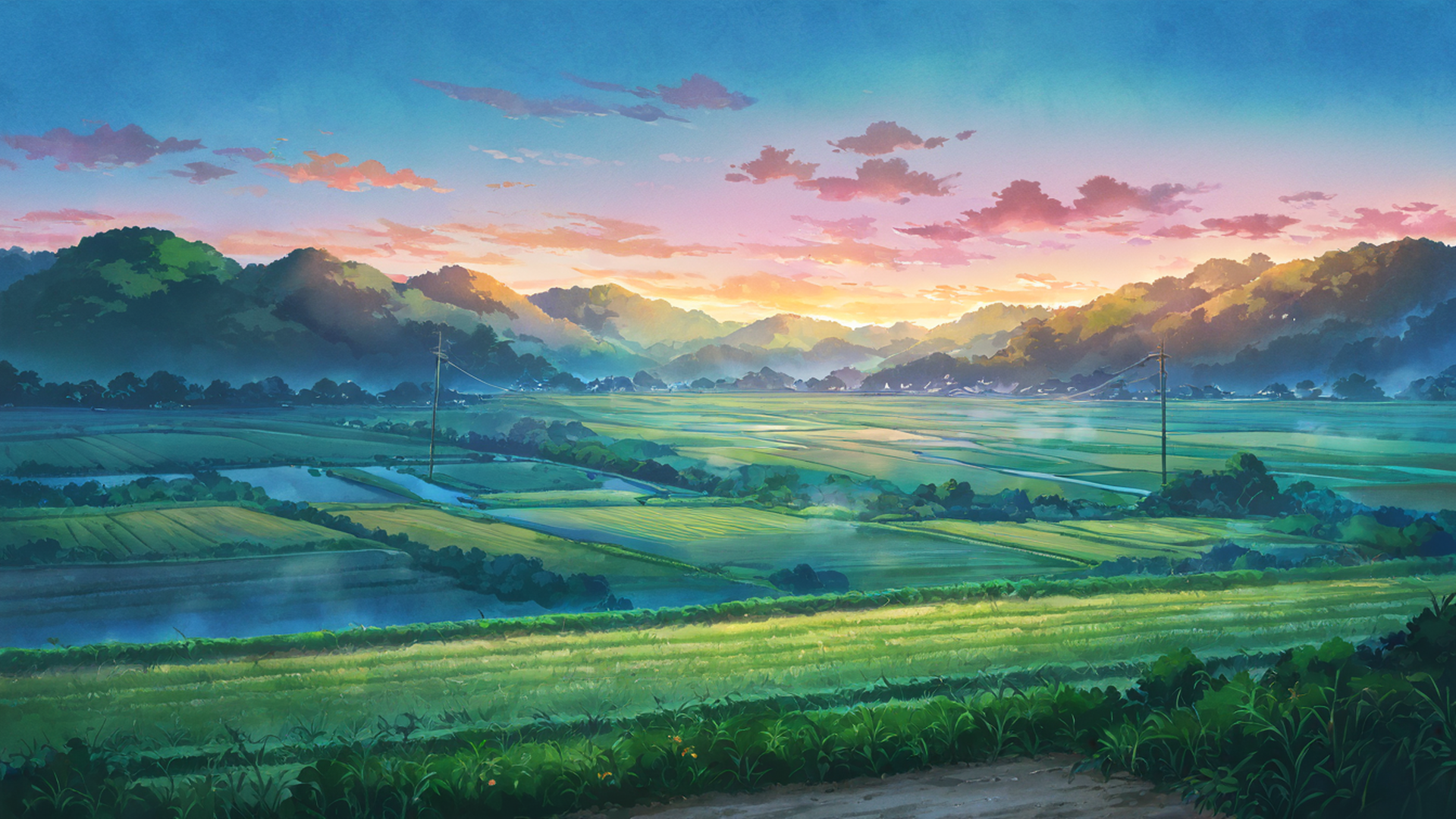 rice fields summer lofi wallpaper