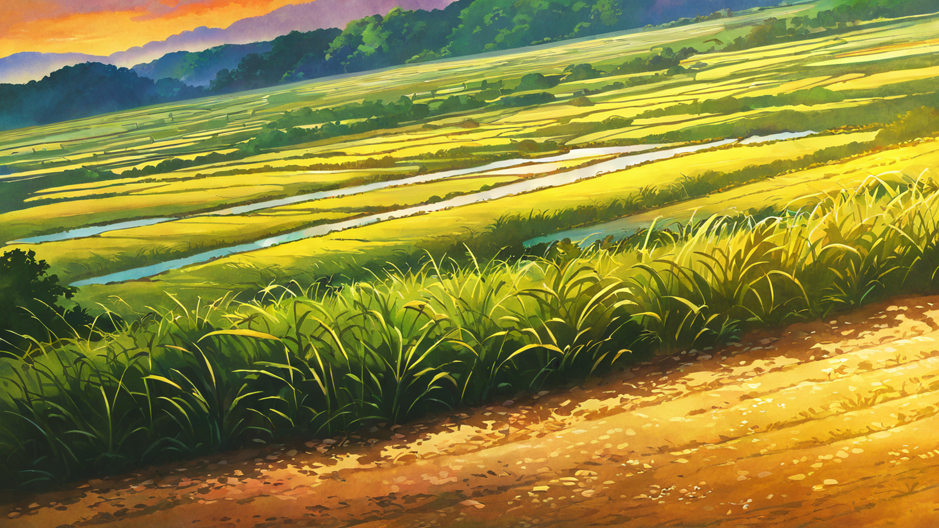 rice fields summer lofi wallpaper