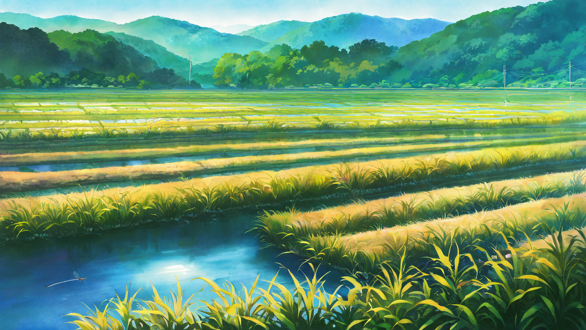 rice fields summer lofi wallpaper