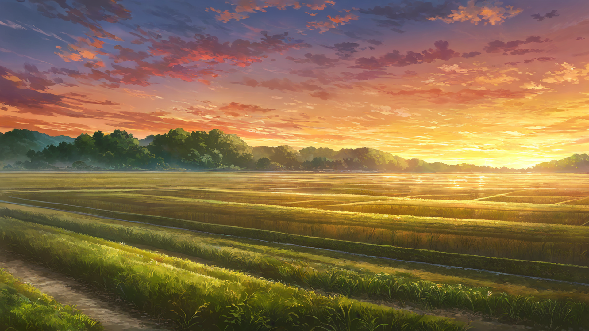 rice fields summer lofi wallpaper