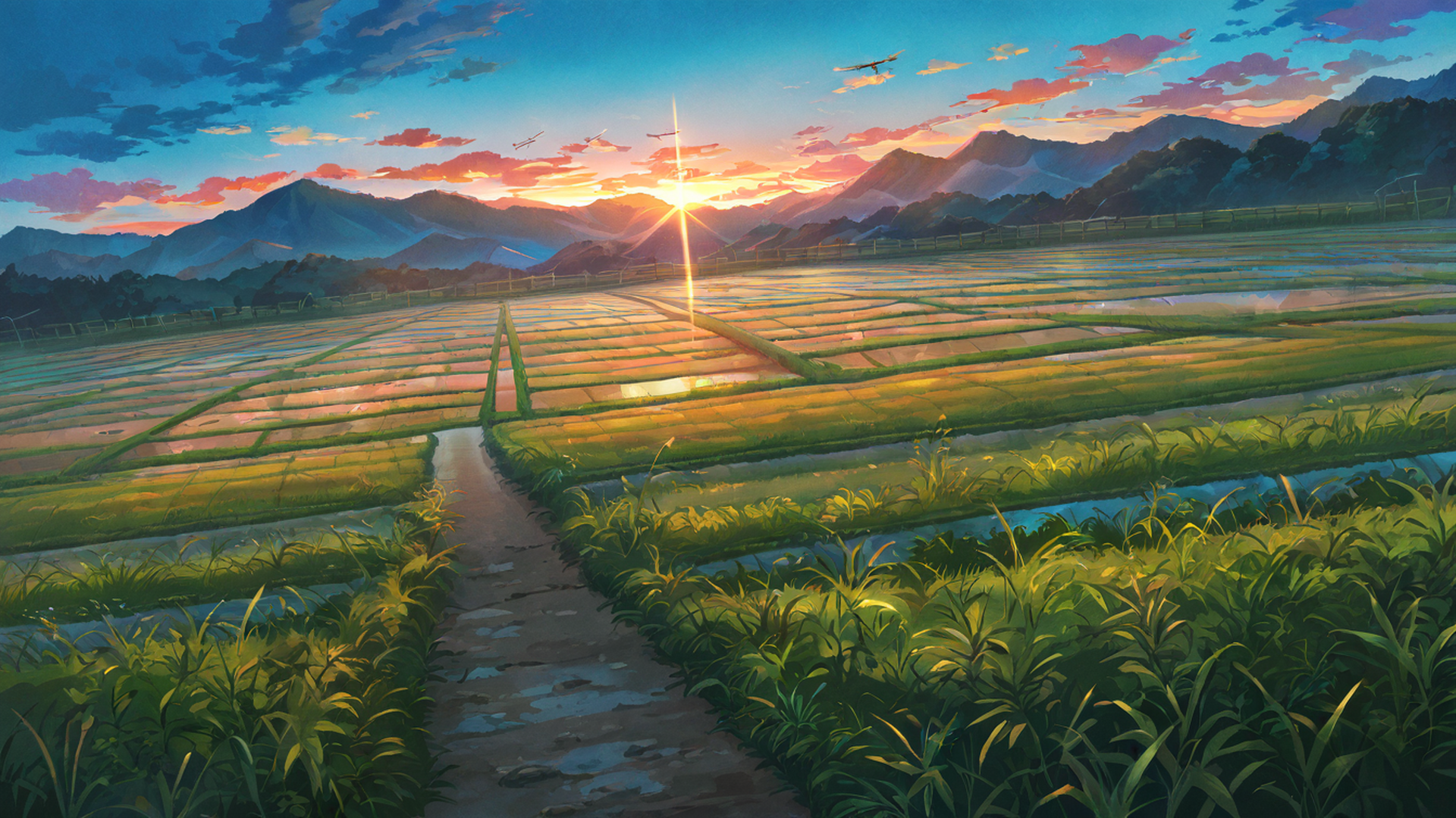 rice fields summer lofi wallpaper