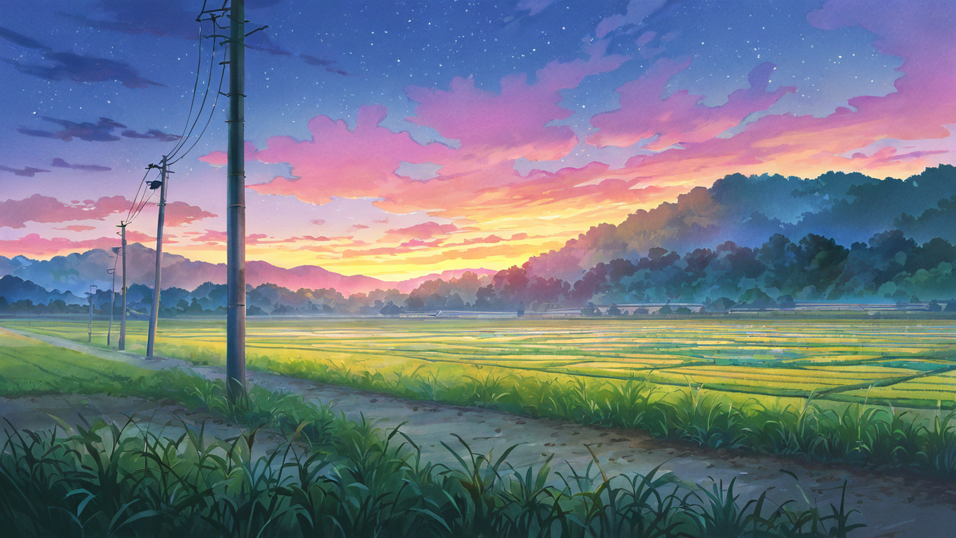 rice fields summer lofi wallpaper