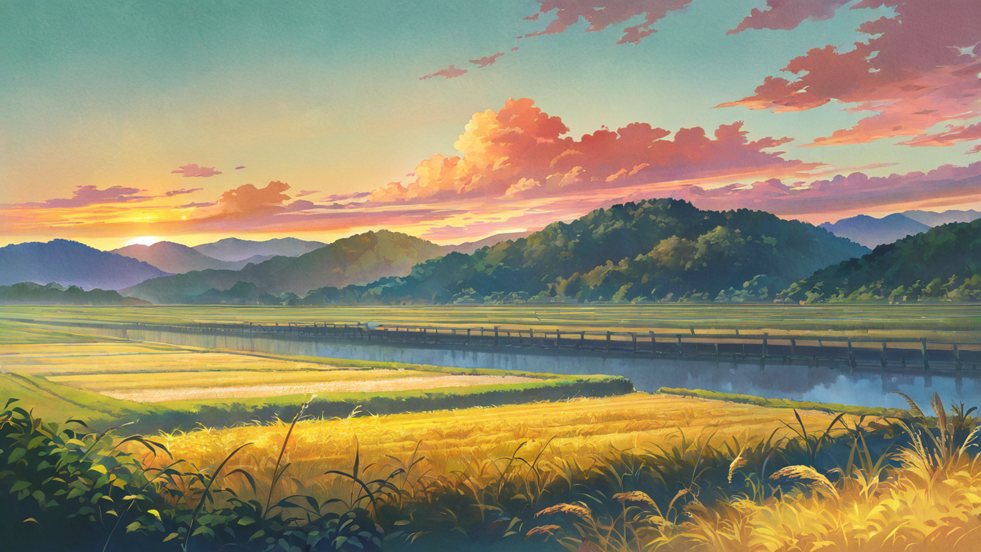 rice fields summer lofi wallpaper