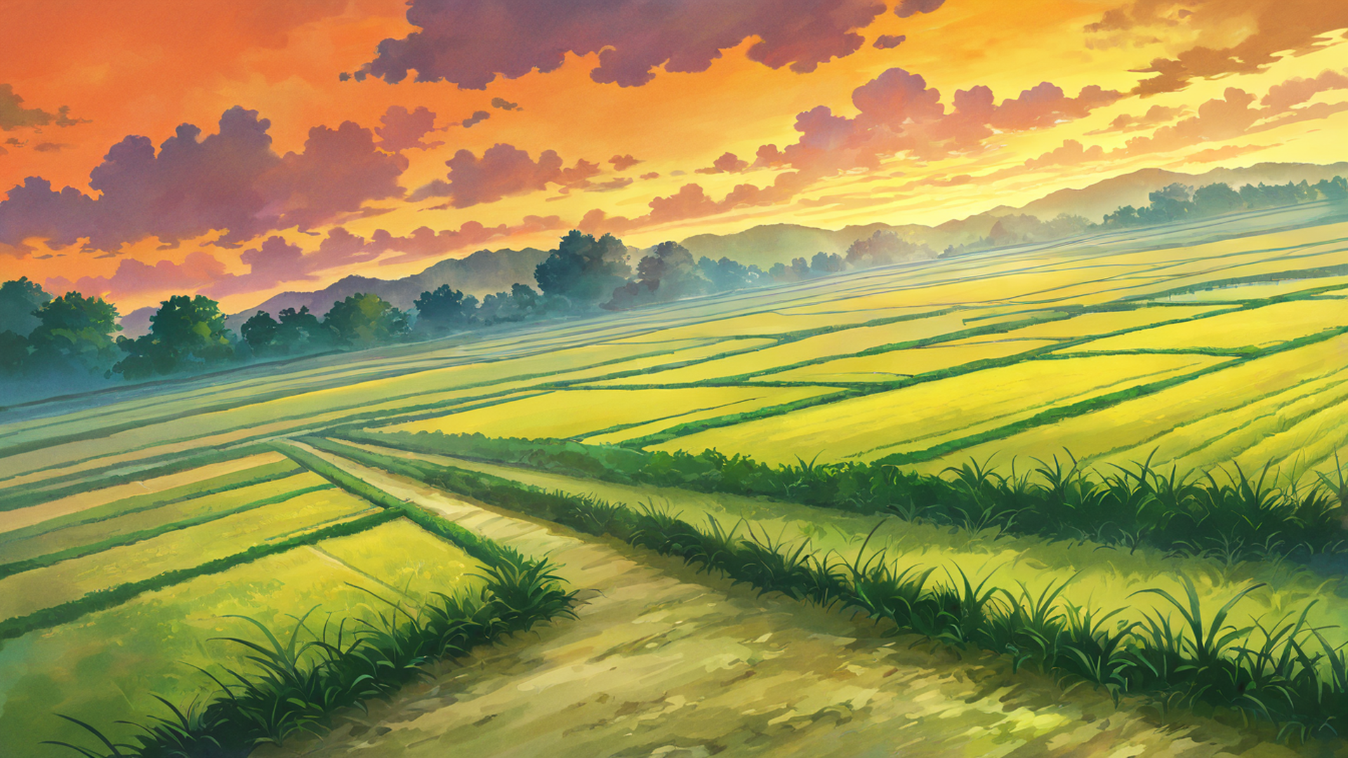 rice fields summer lofi wallpaper