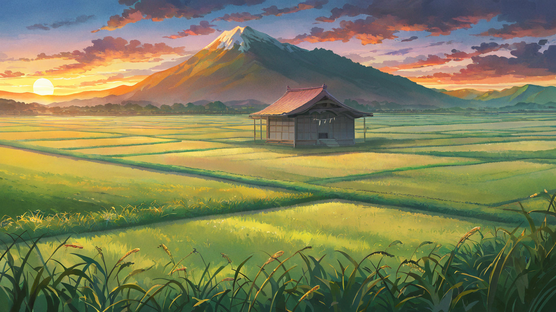 rice fields summer lofi wallpaper