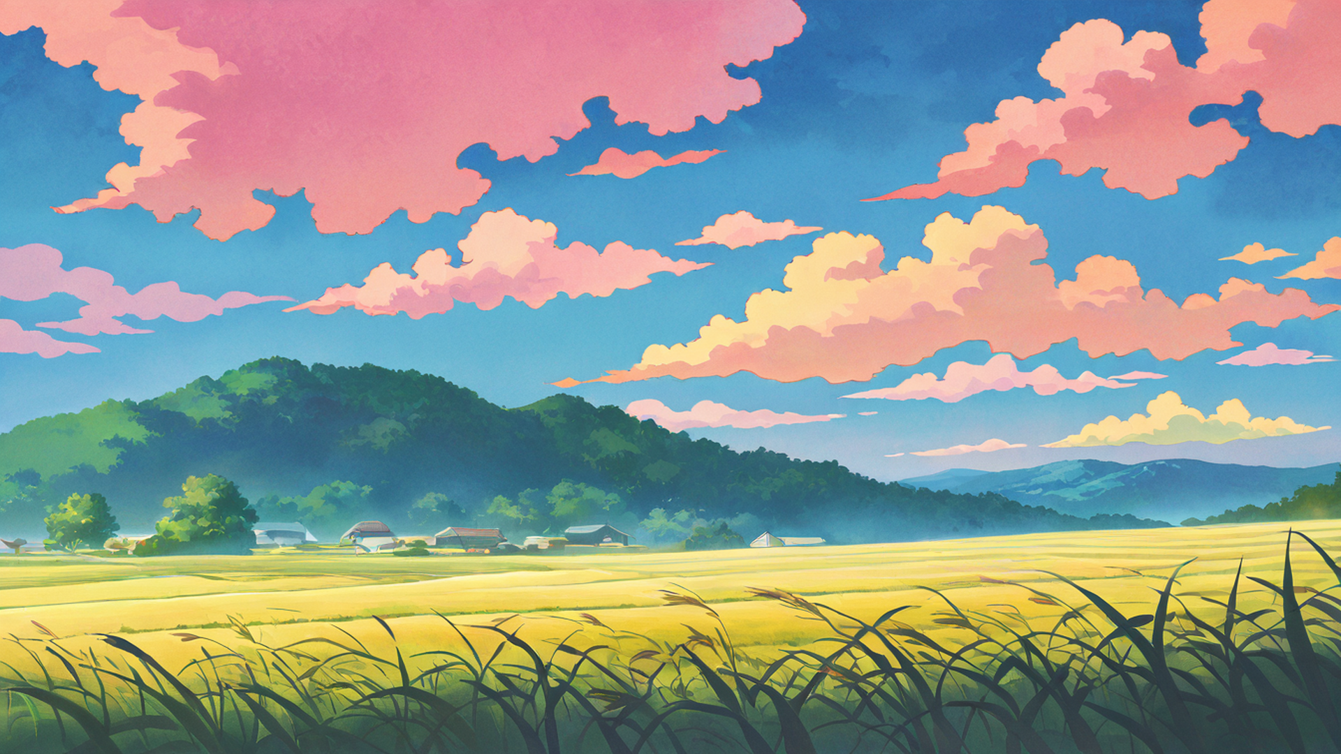 rice fields summer lofi wallpaper