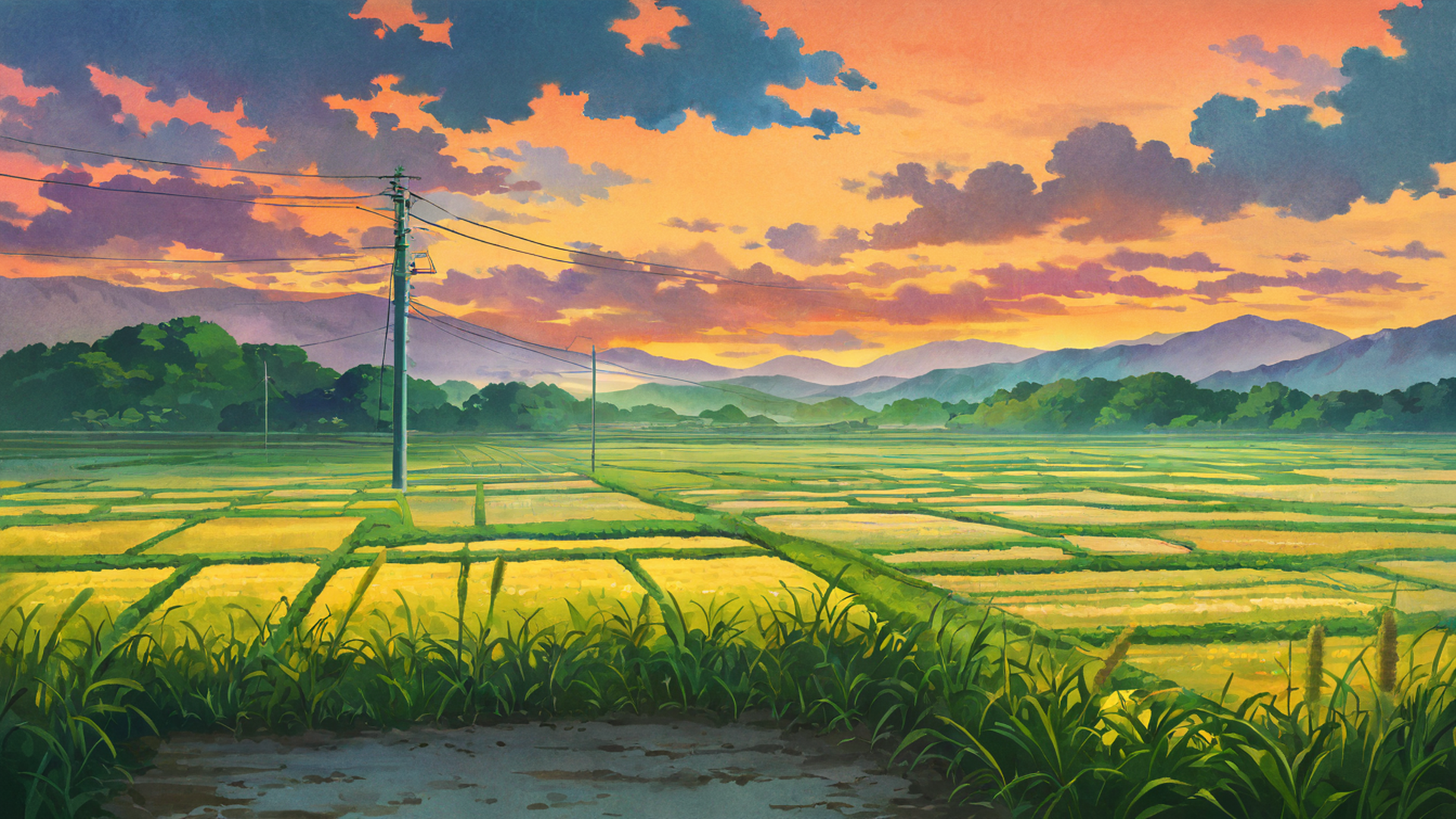 rice fields summer lofi wallpaper