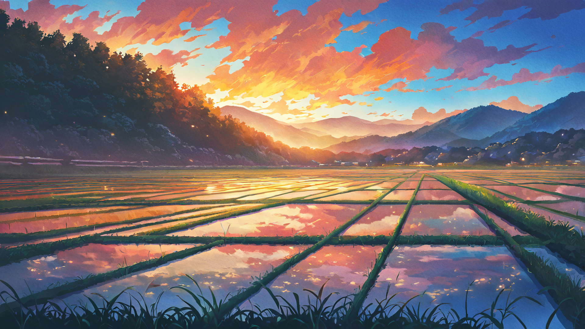 rice fields summer lofi wallpaper