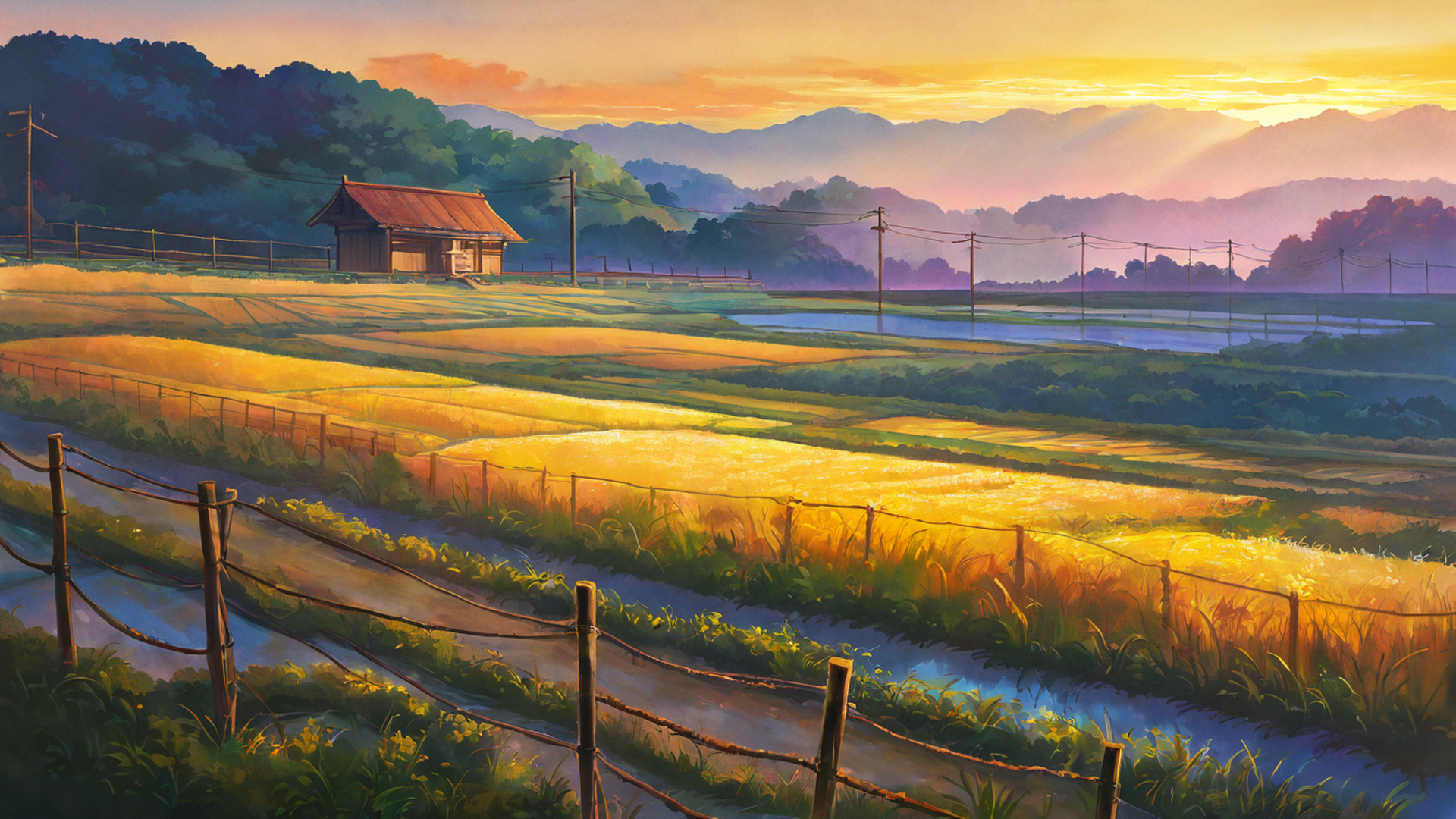 rice fields summer lofi wallpaper