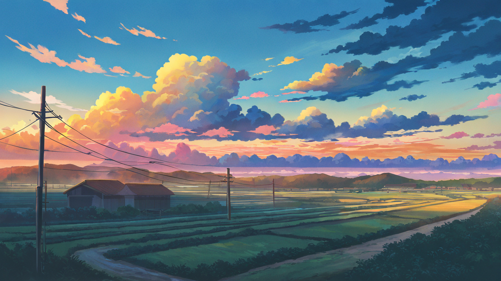 rice fields summer lofi wallpaper