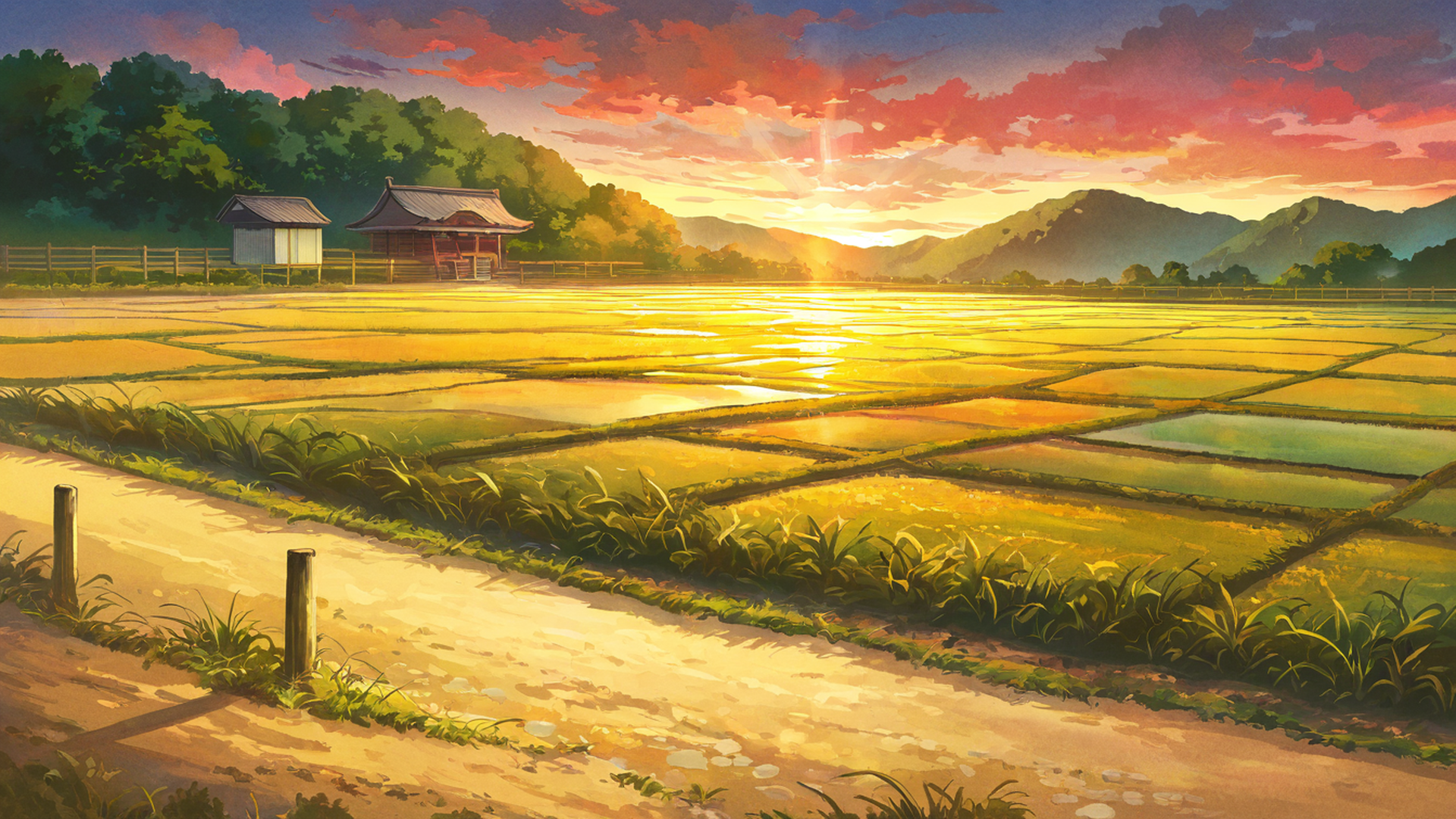 rice fields summer lofi wallpaper