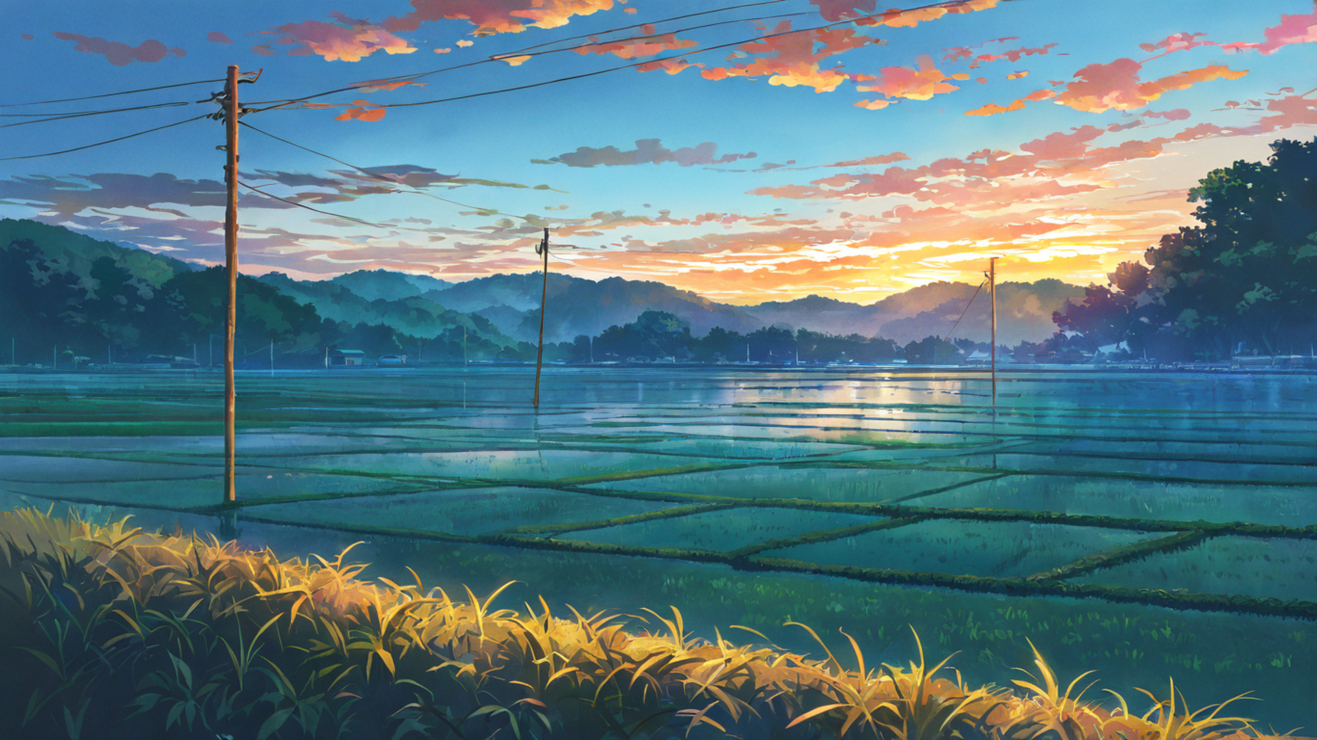 rice fields summer lofi wallpaper
