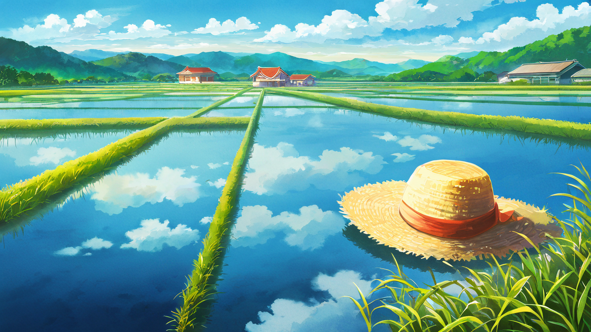 rice fields summer lofi wallpaper