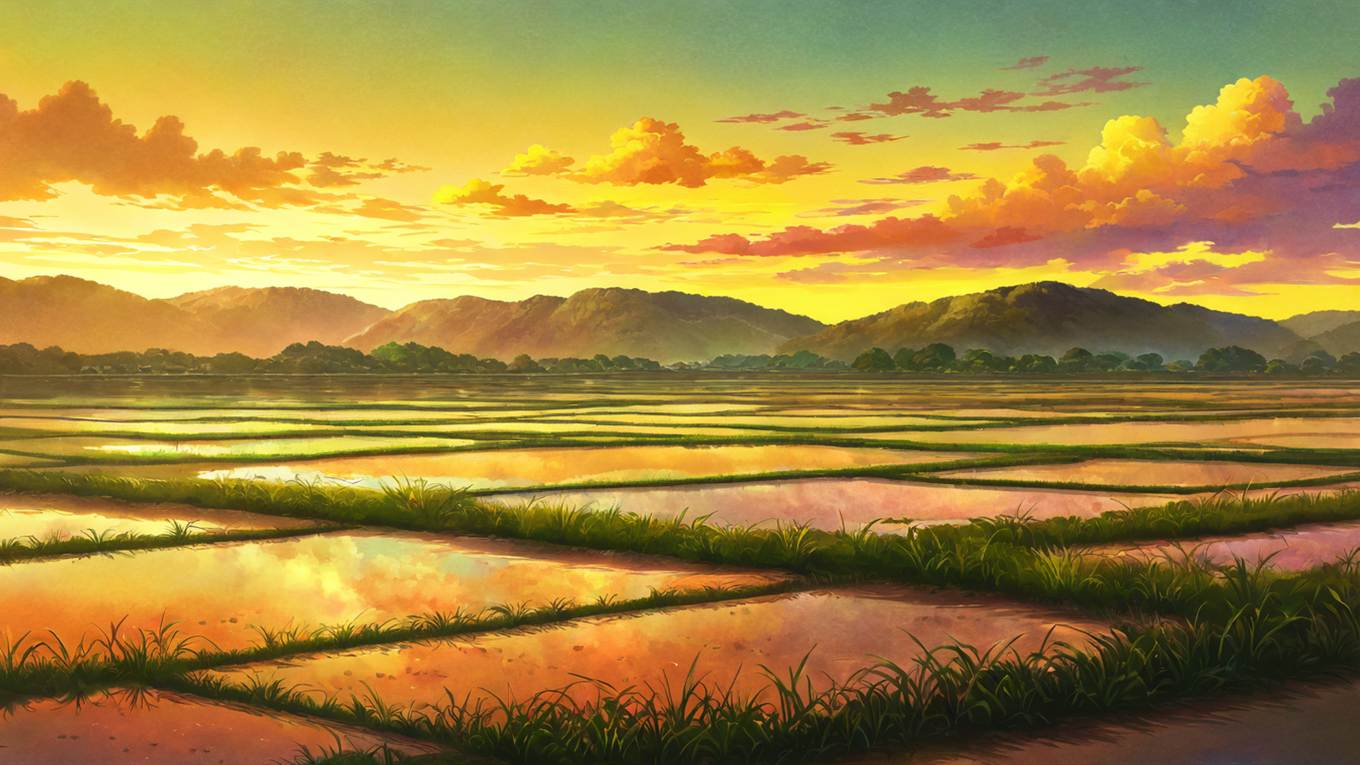 rice fields summer lofi wallpaper