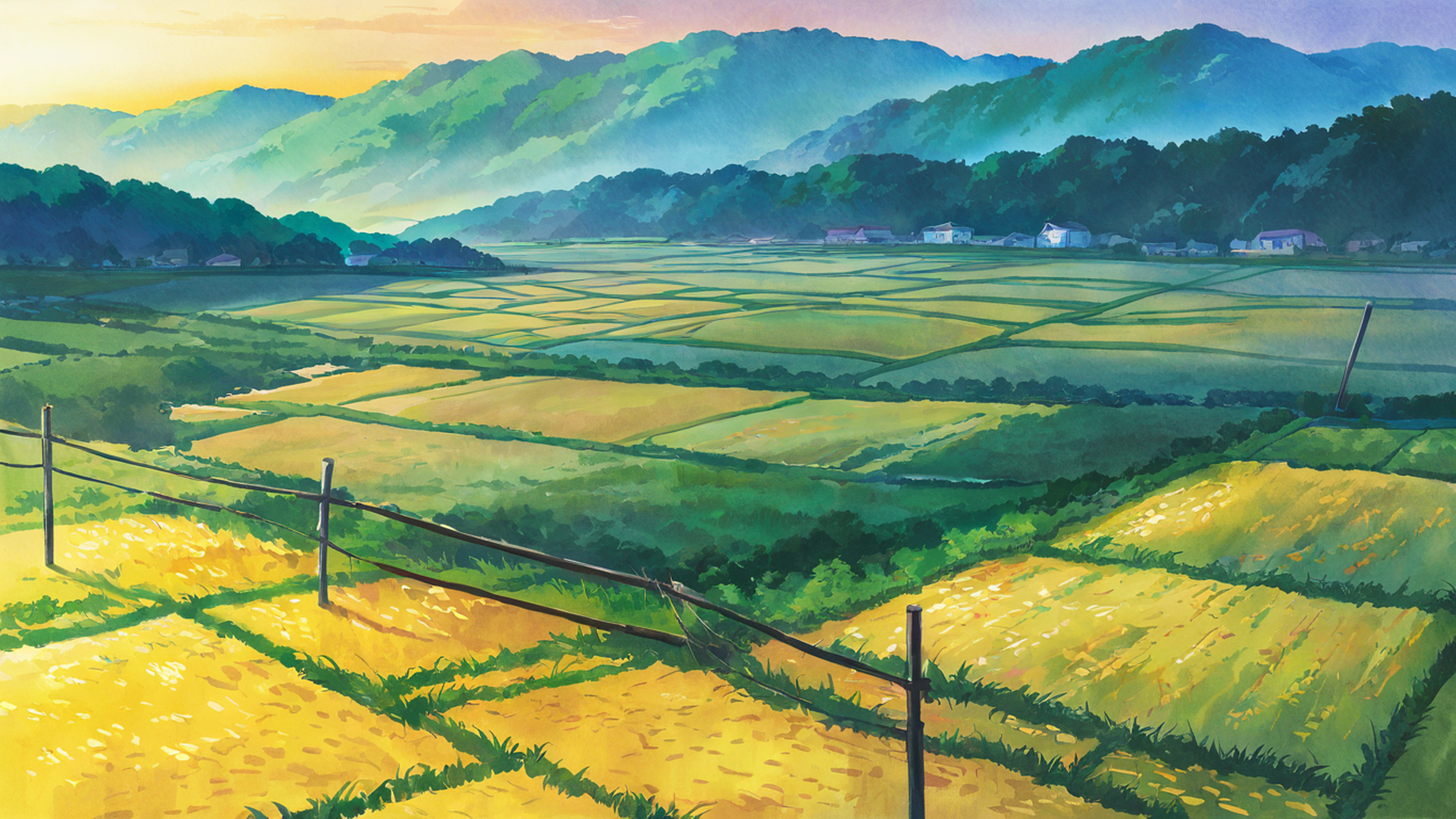 rice fields summer lofi wallpaper