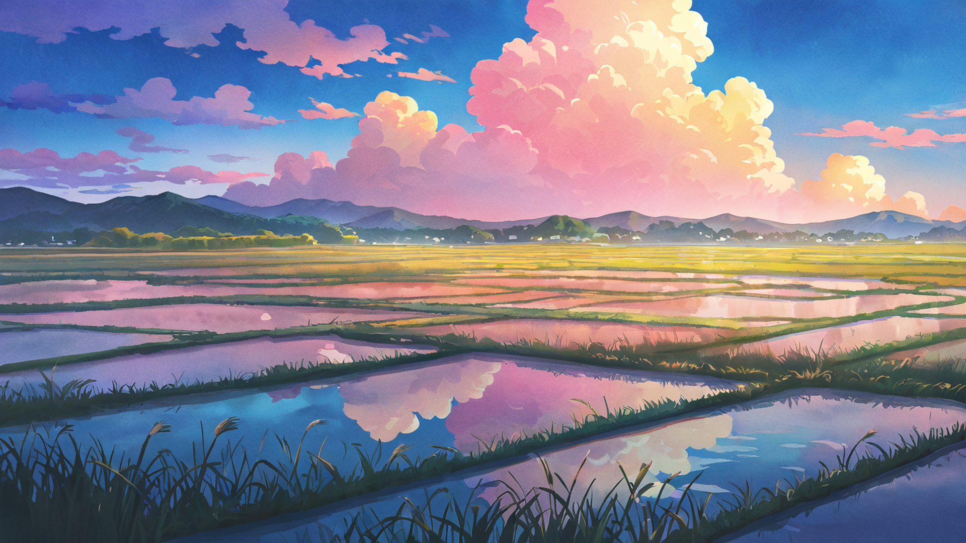 rice fields summer lofi wallpaper