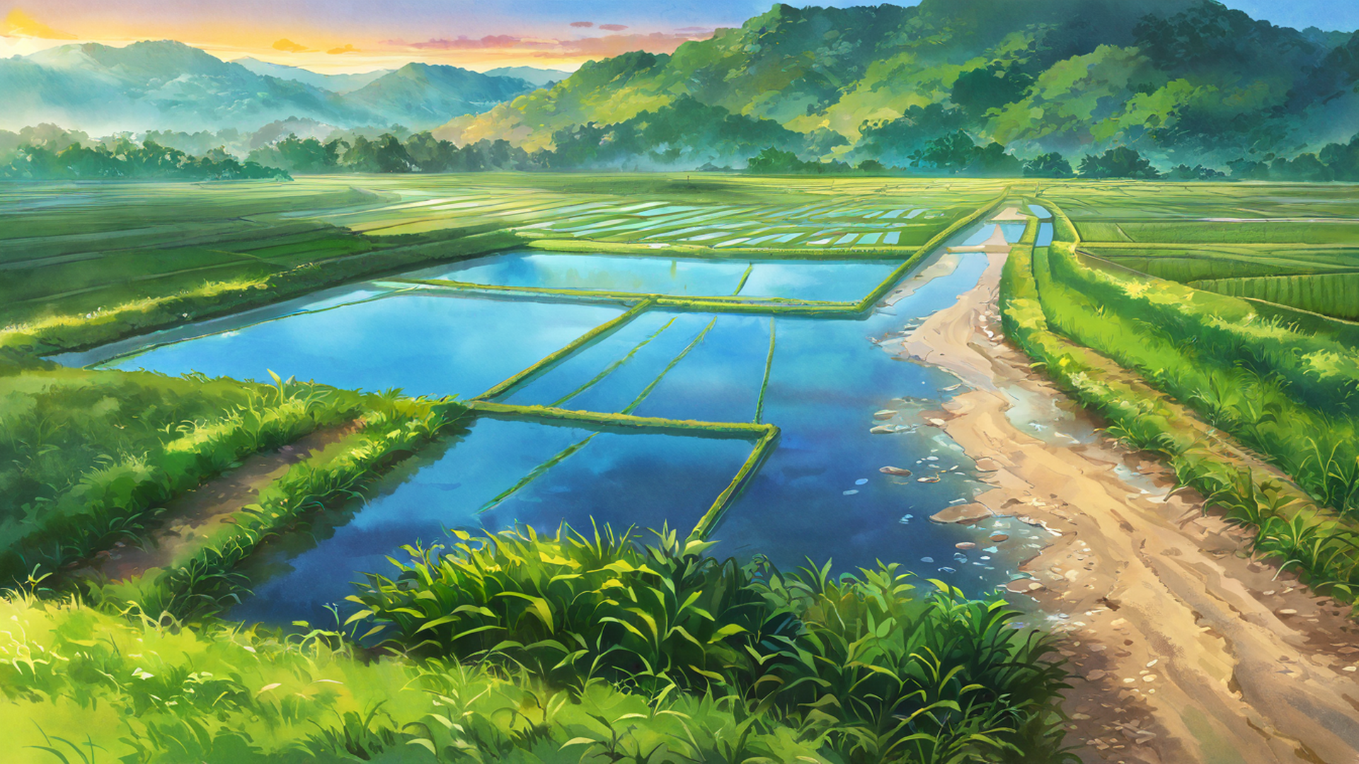 rice fields summer lofi wallpaper