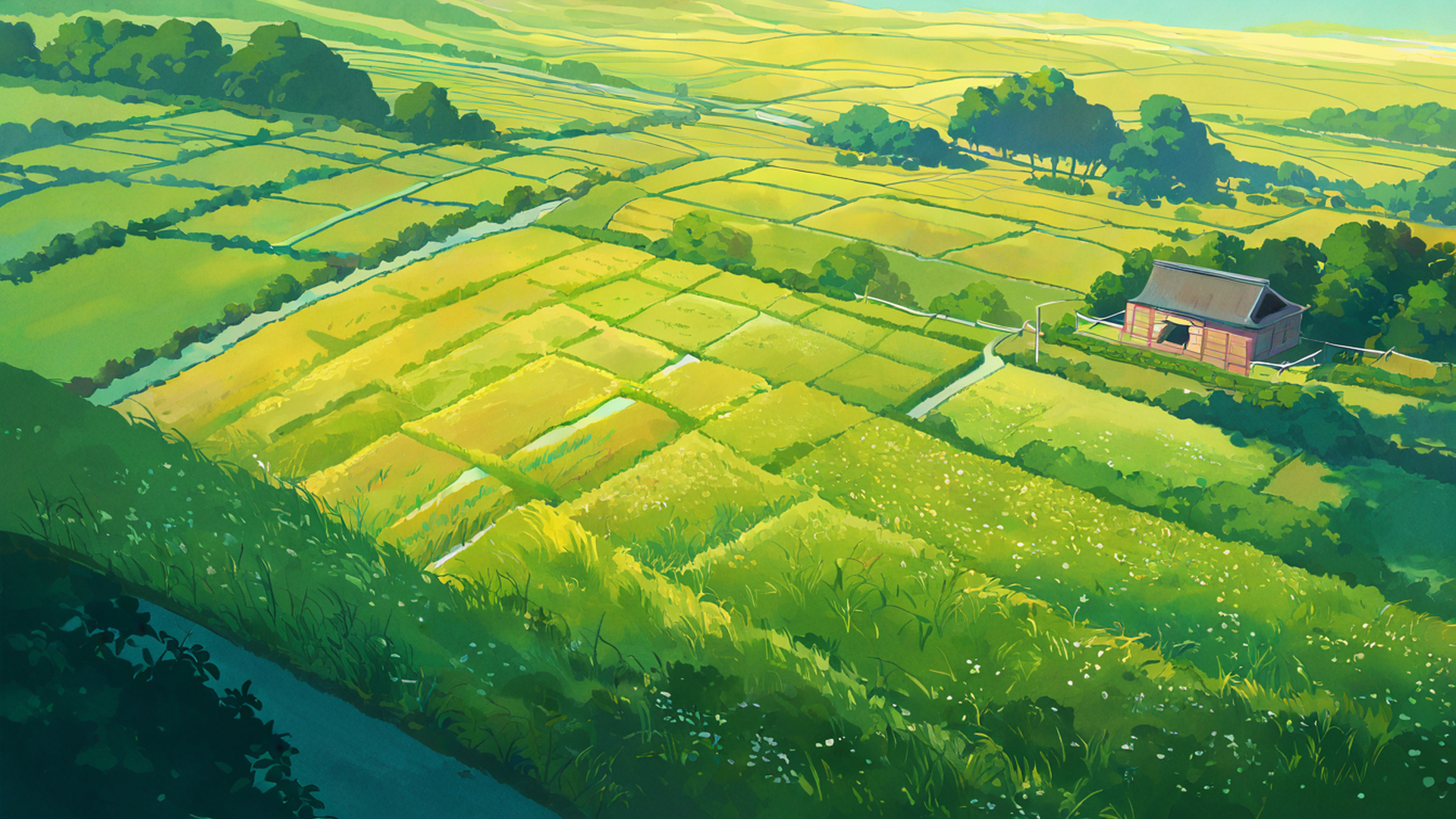 rice fields summer lofi wallpaper