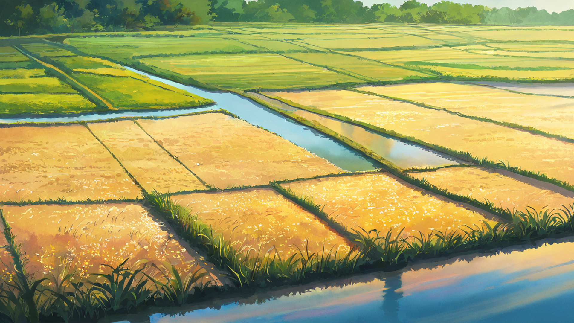 rice fields summer lofi wallpaper