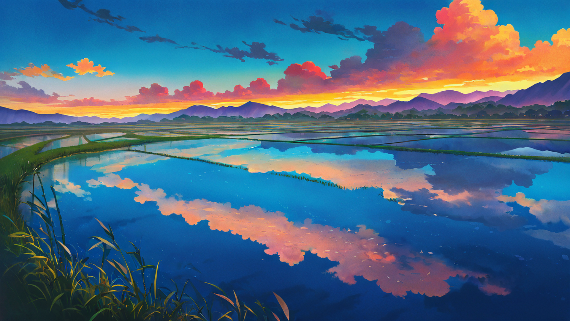 rice fields summer lofi wallpaper