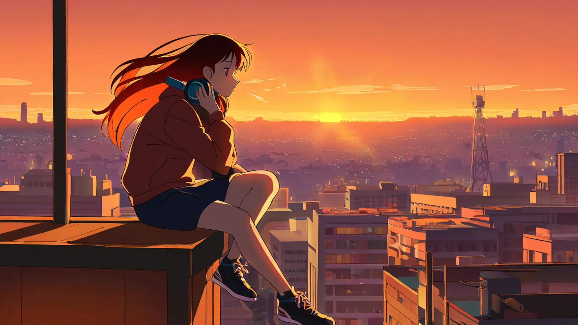 rooftop sunset lofi wallpaper