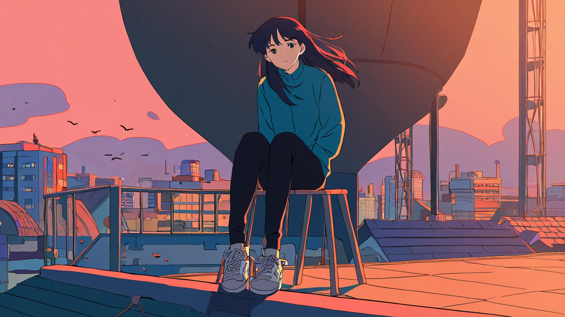 rooftop sunset lofi wallpaper