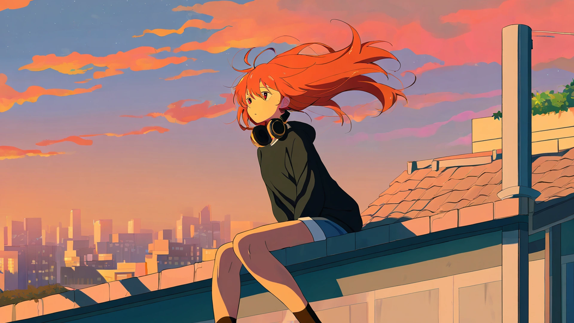 rooftop sunset lofi wallpaper