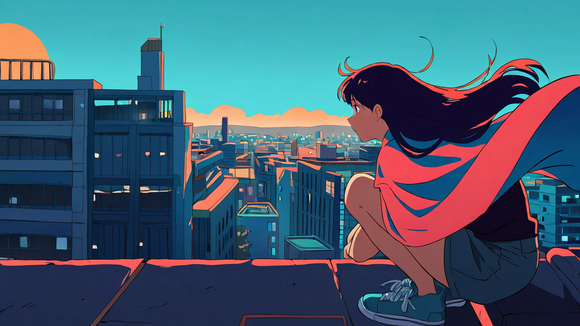rooftop sunset lofi wallpaper