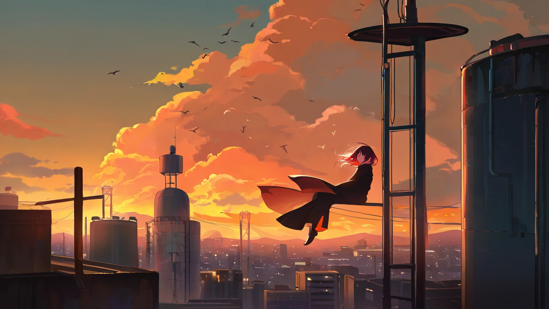 rooftop sunset lofi wallpaper