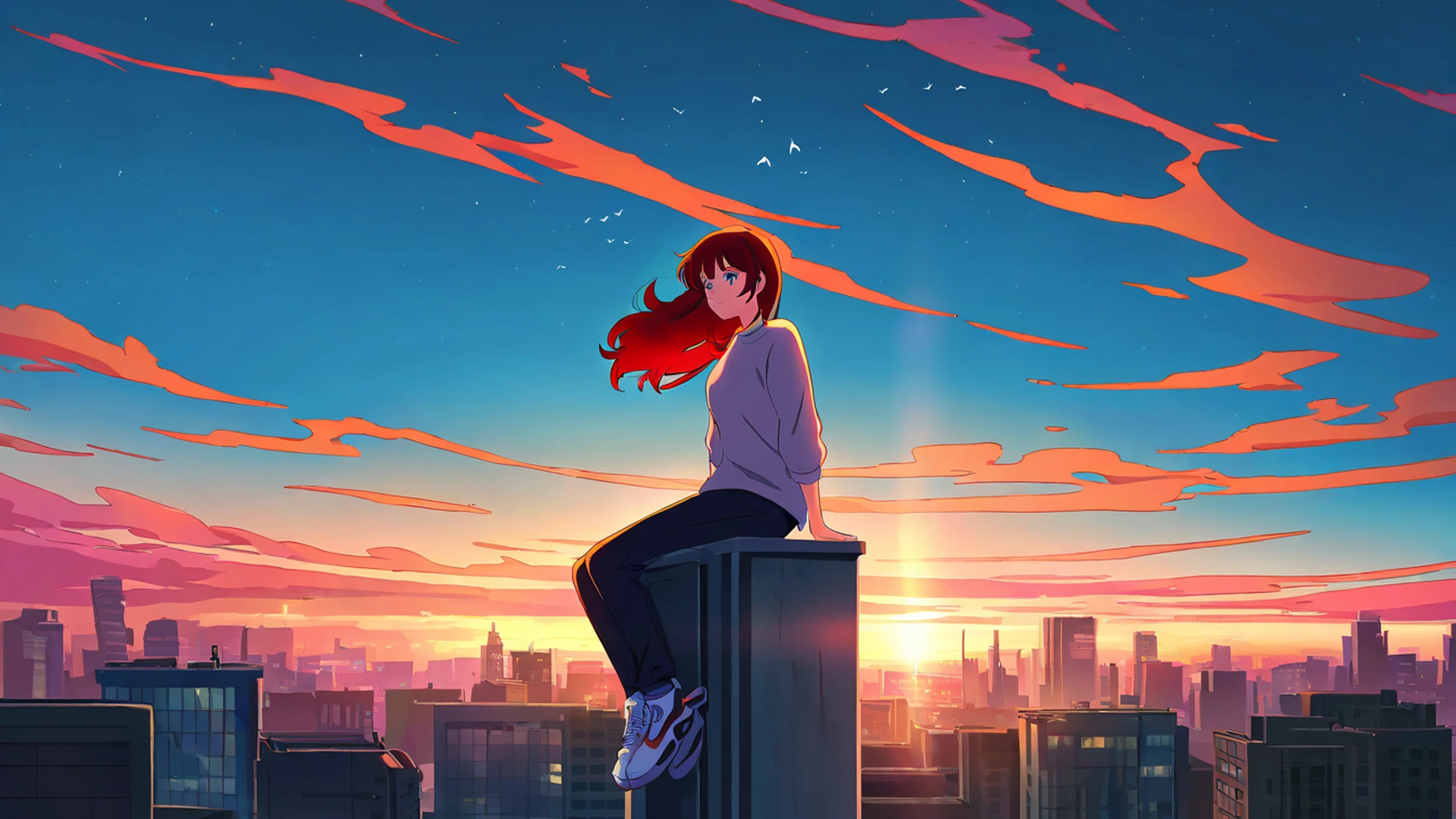 rooftop sunset lofi wallpaper
