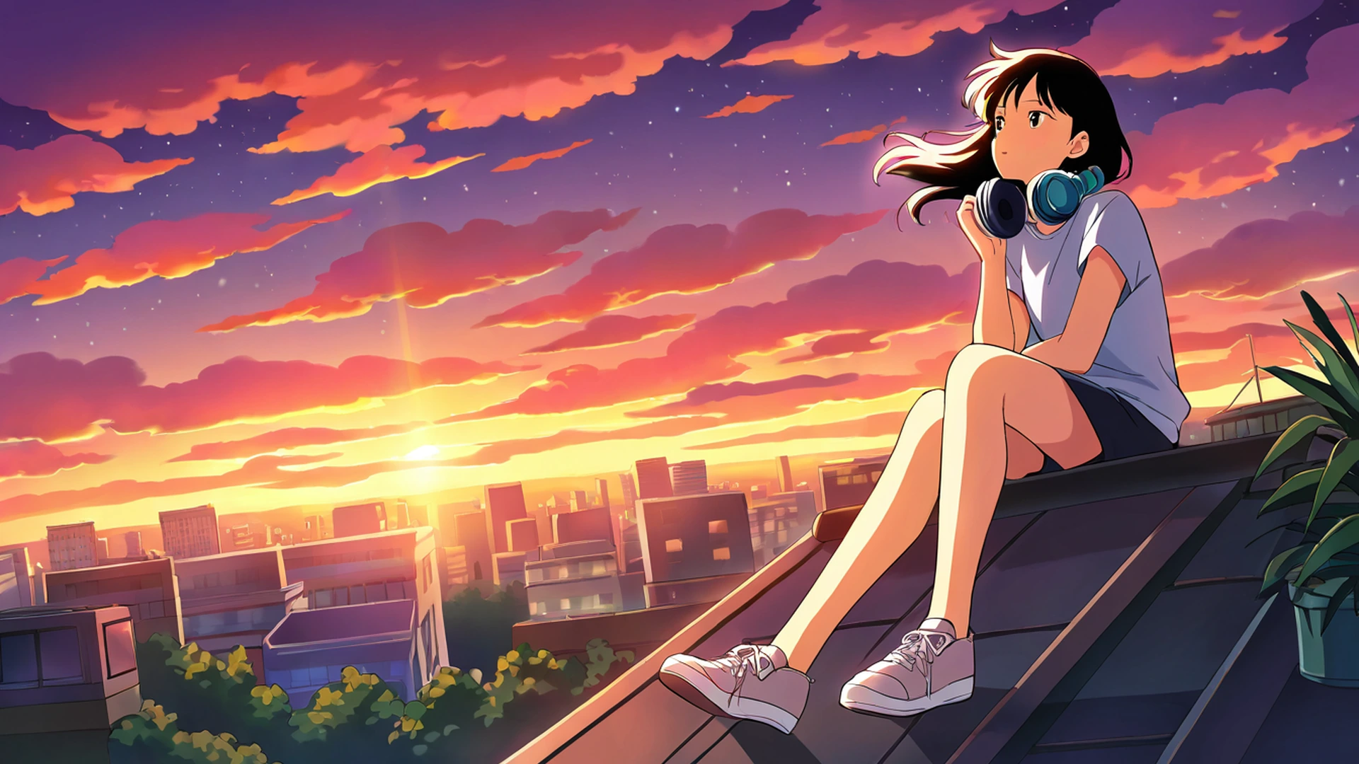 rooftop sunset lofi wallpaper