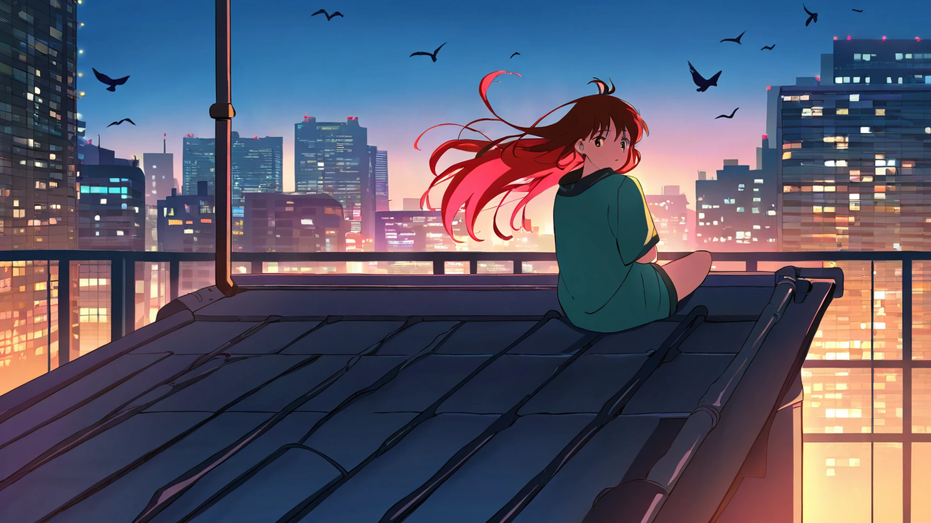 rooftop sunset lofi wallpaper