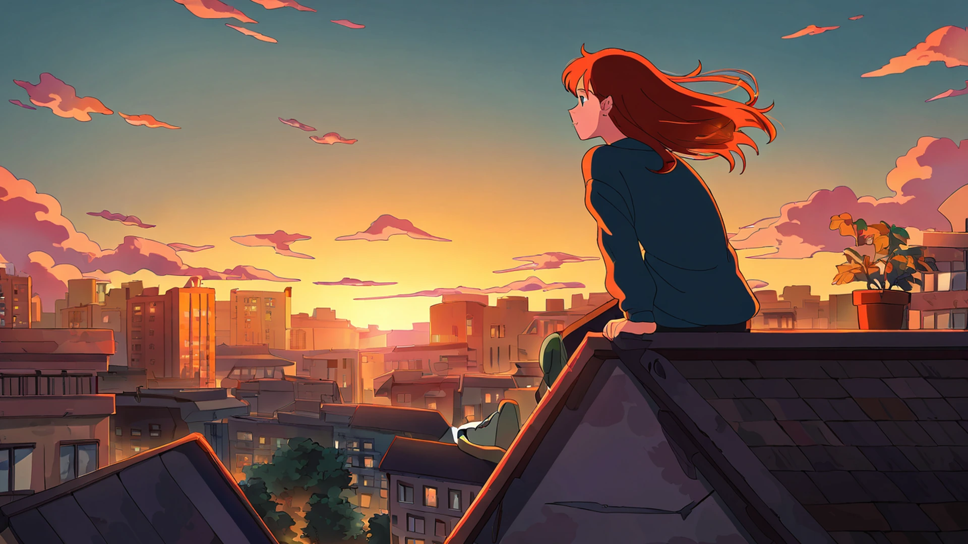 rooftop sunset lofi wallpaper