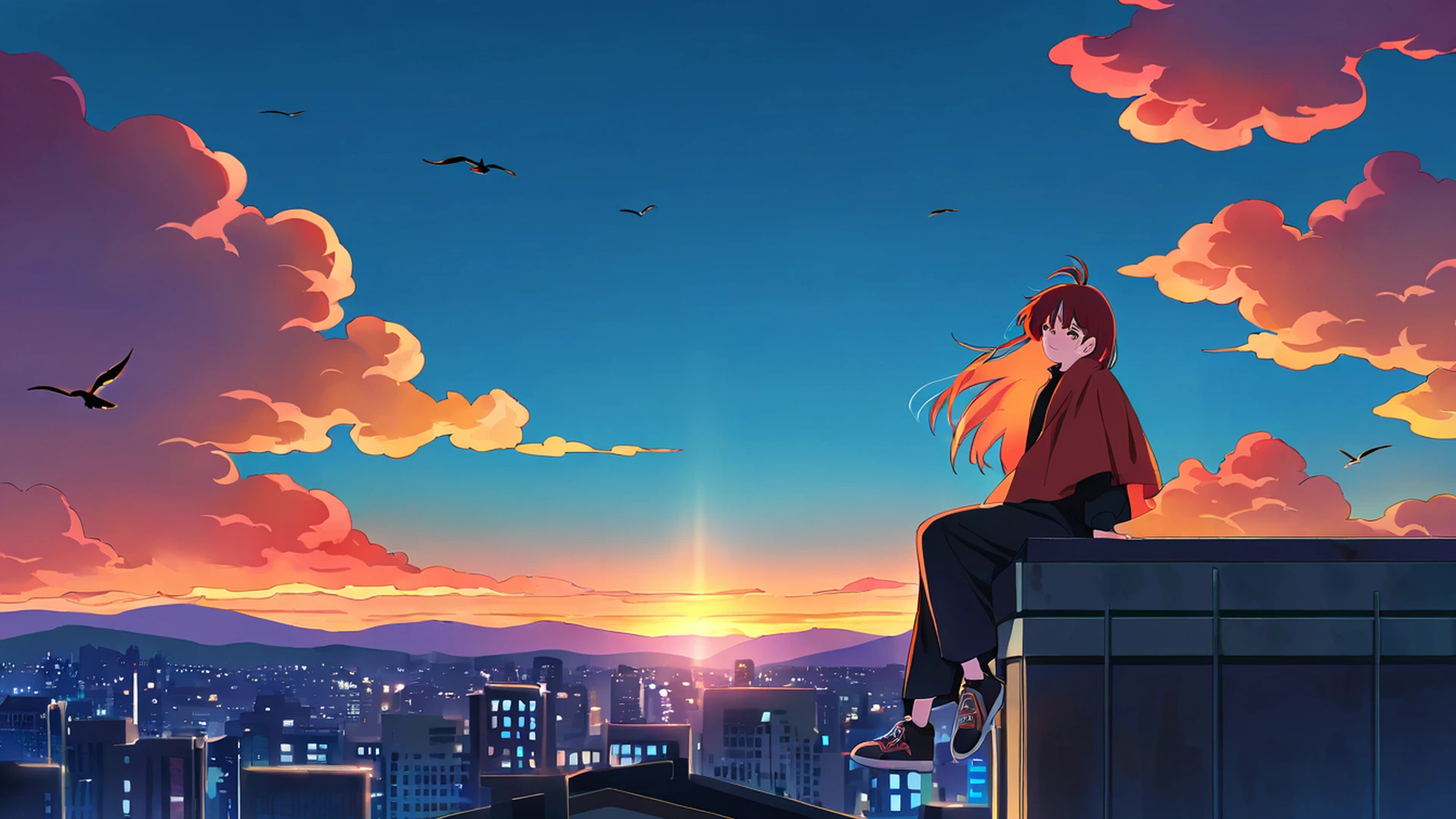 rooftop sunset lofi wallpaper