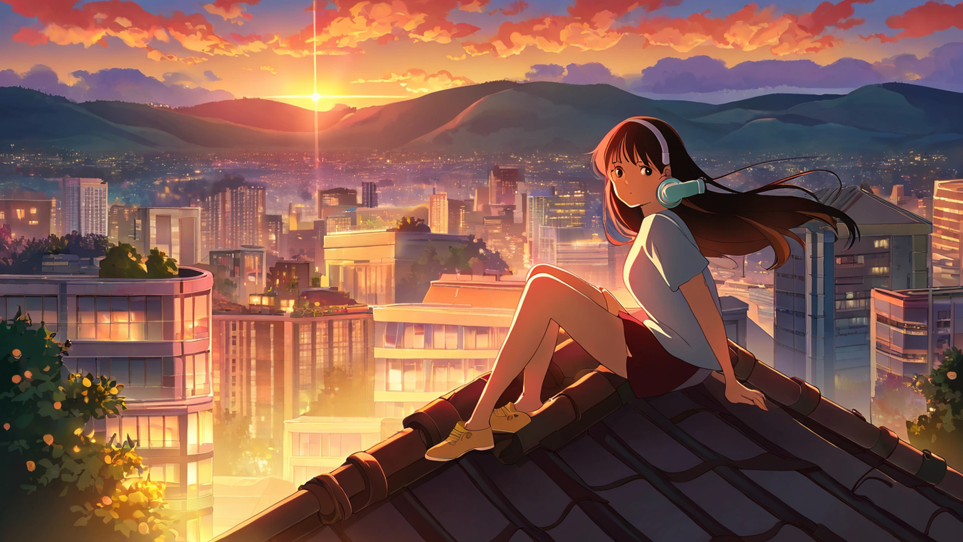 rooftop sunset lofi wallpaper
