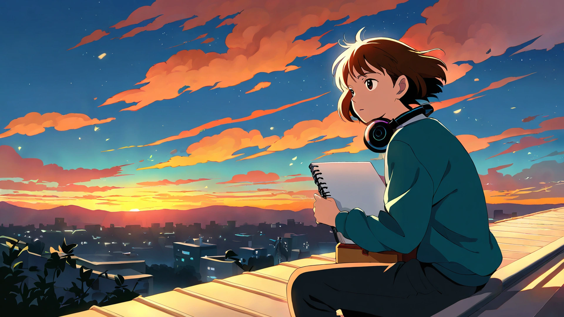 rooftop sunset lofi wallpaper