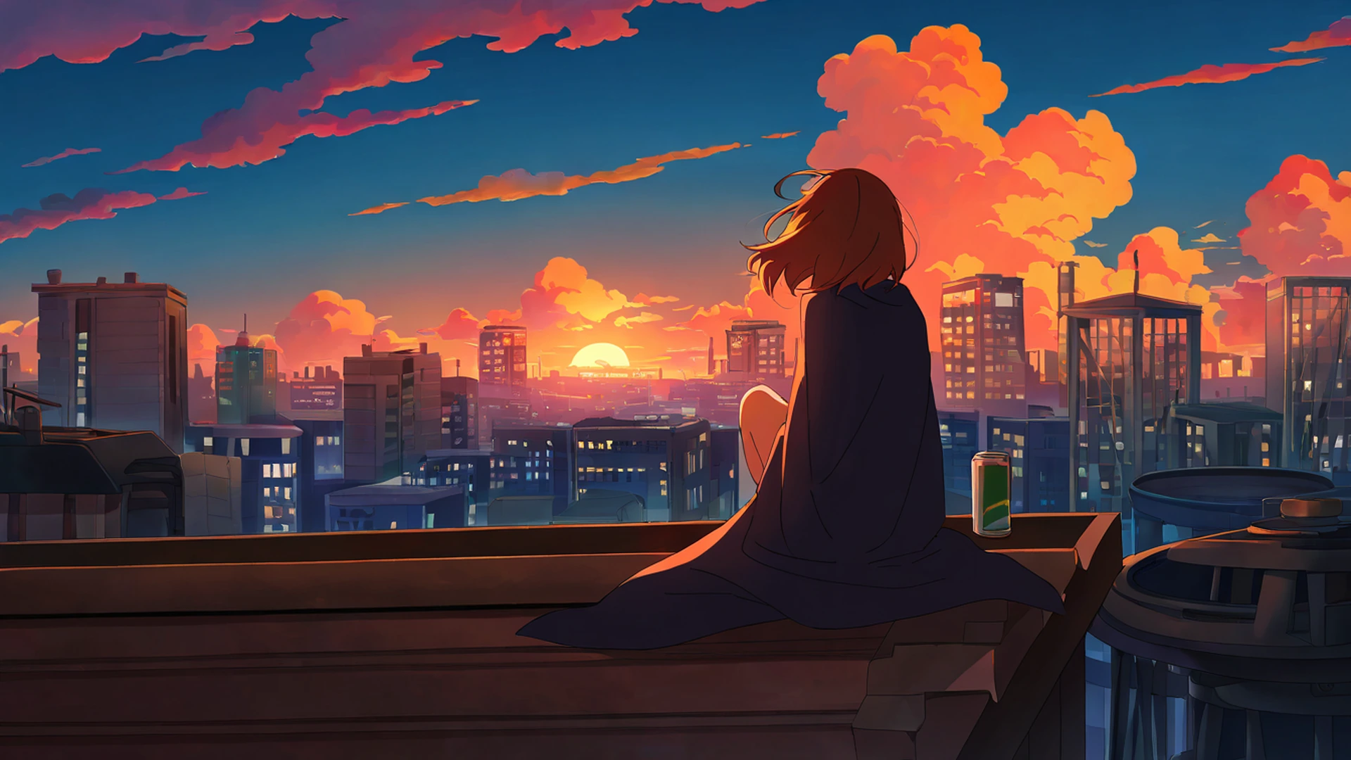 rooftop sunset lofi wallpaper