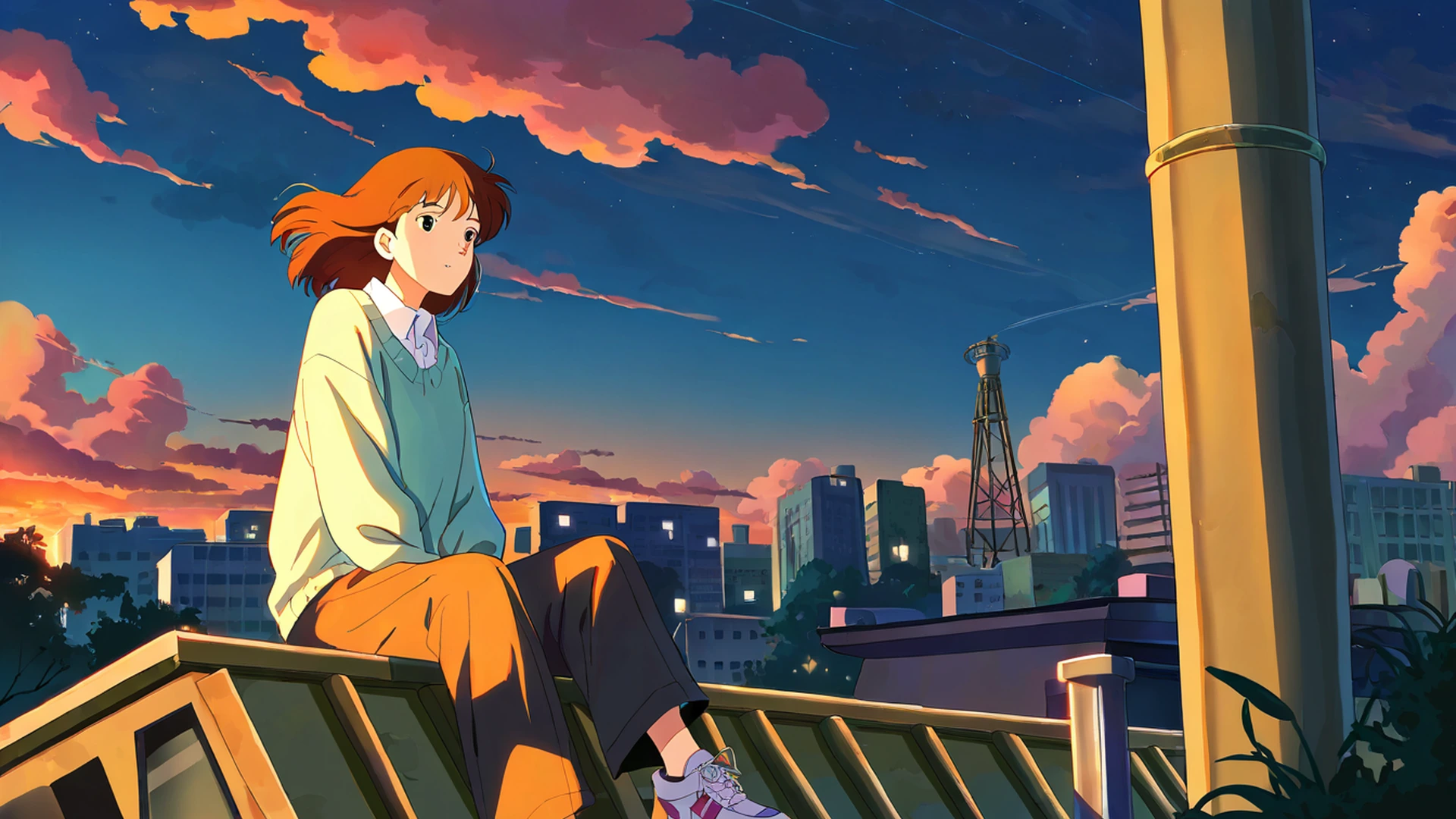 rooftop sunset lofi wallpaper
