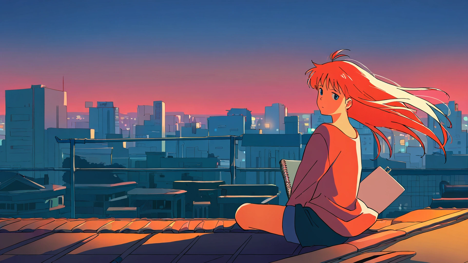 rooftop sunset lofi wallpaper