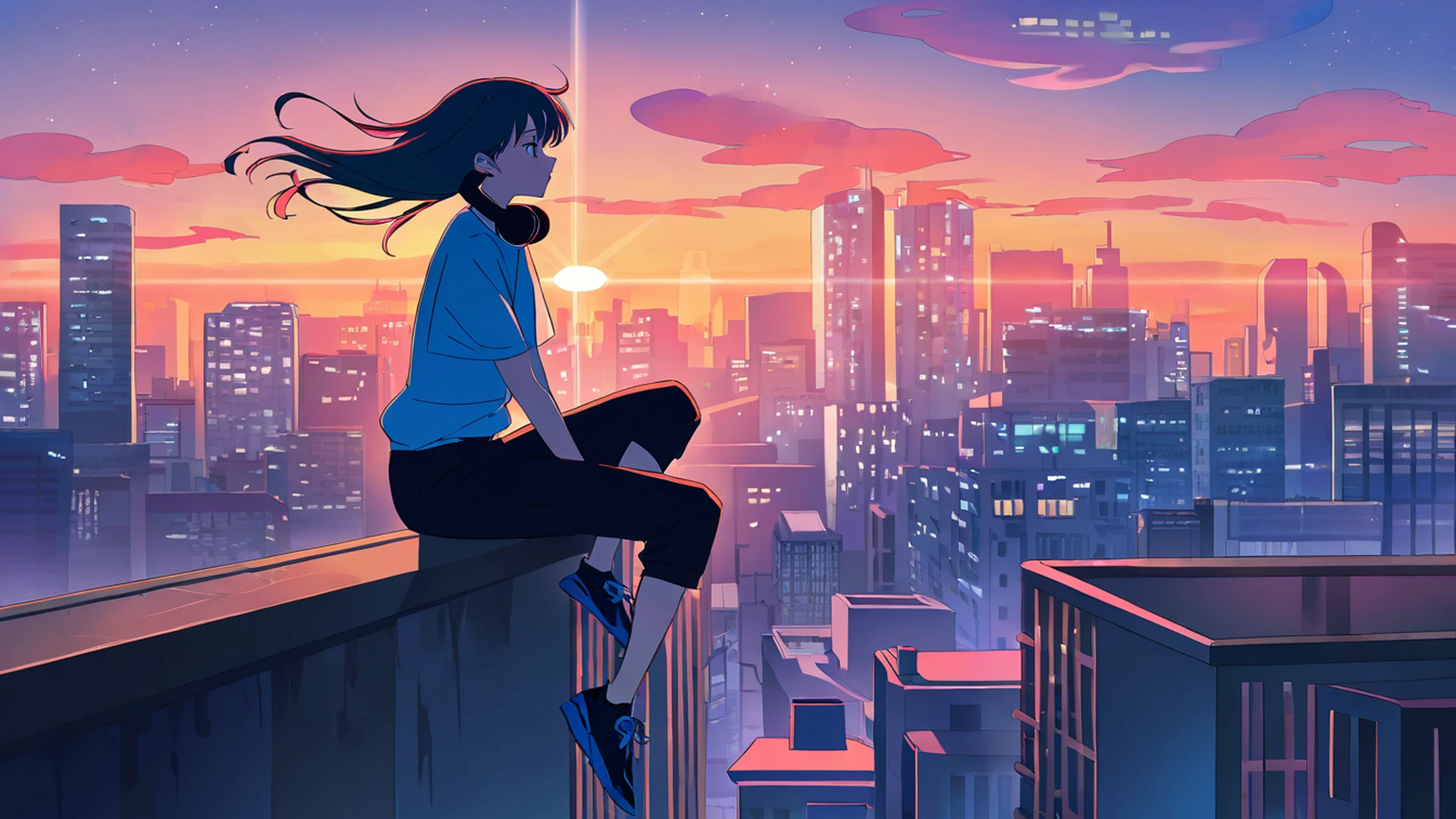 rooftop sunset lofi wallpaper