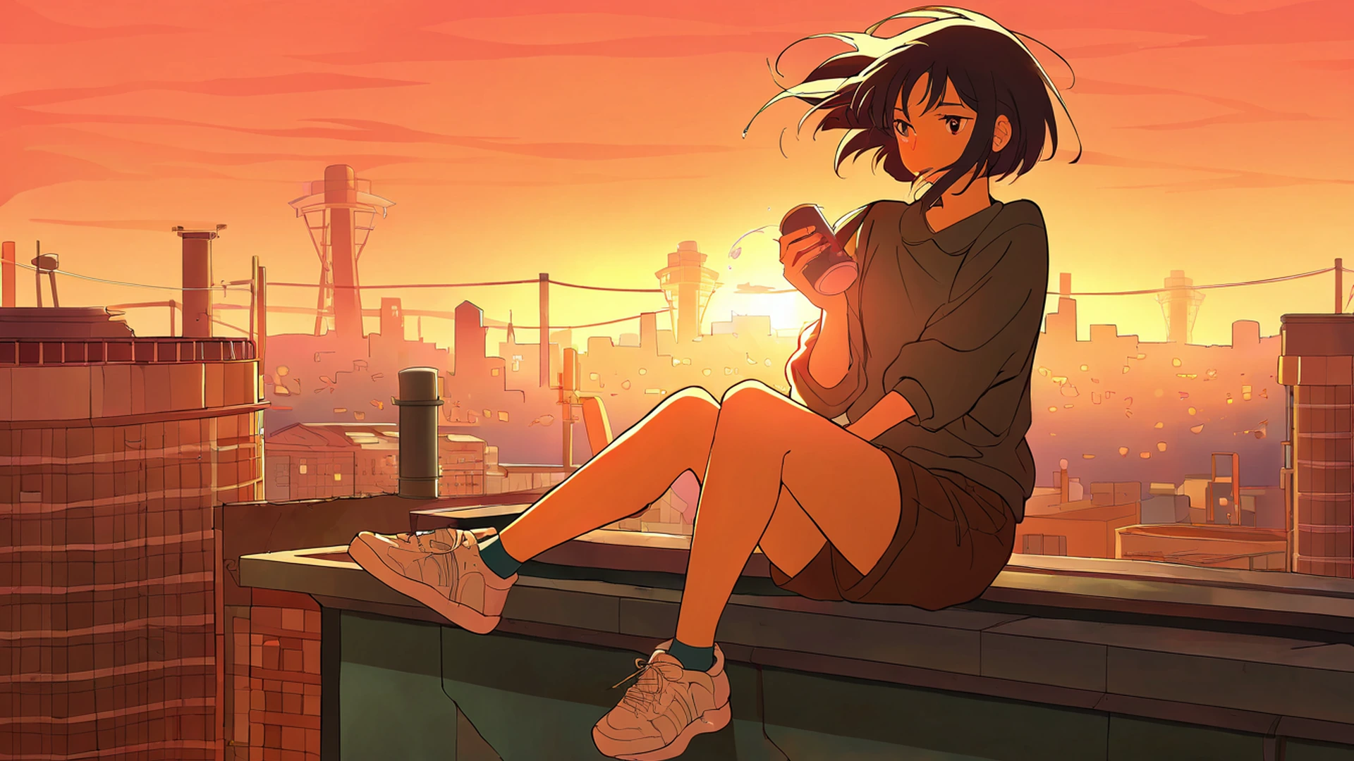 rooftop sunset lofi wallpaper