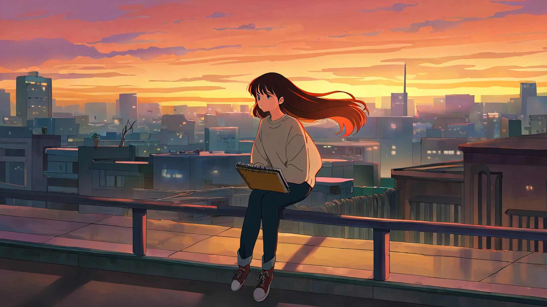 rooftop sunset lofi wallpaper