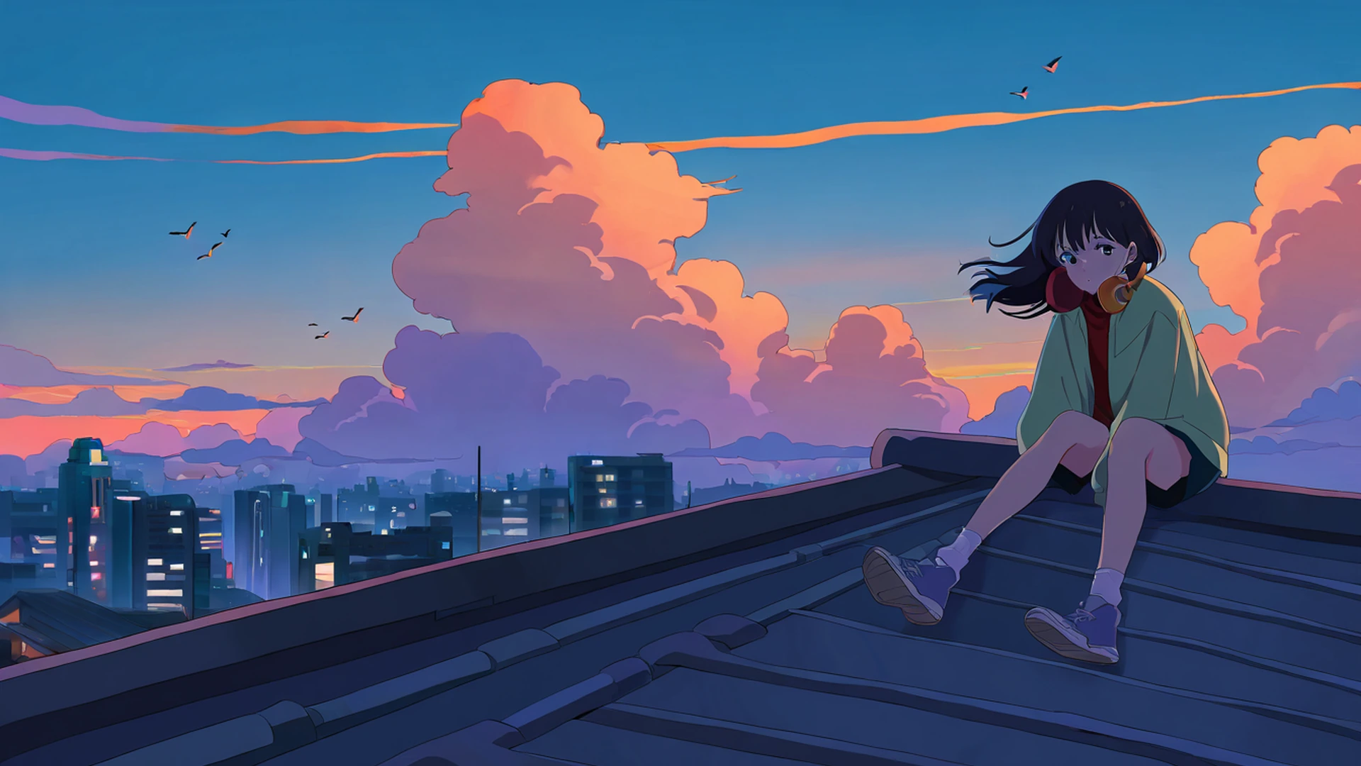 rooftop sunset lofi wallpaper