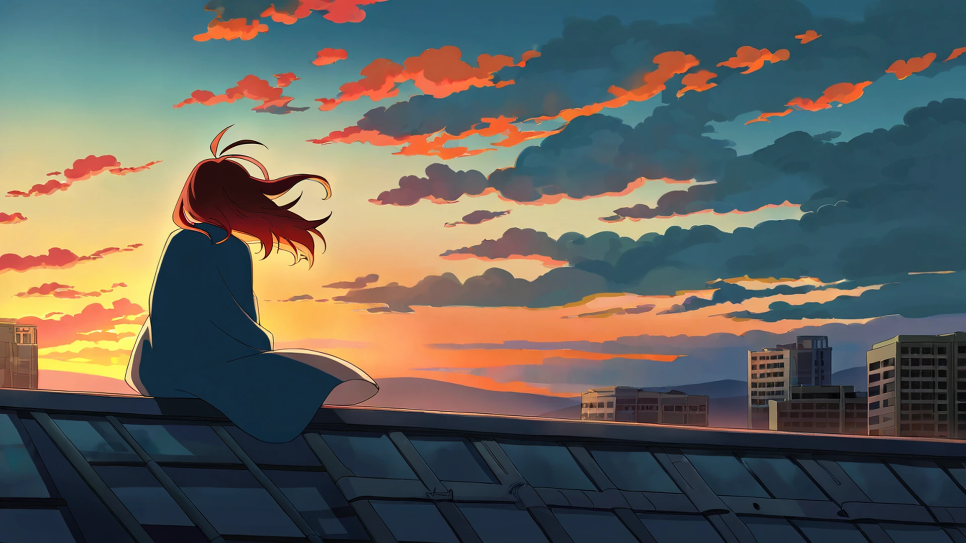 rooftop sunset lofi wallpaper