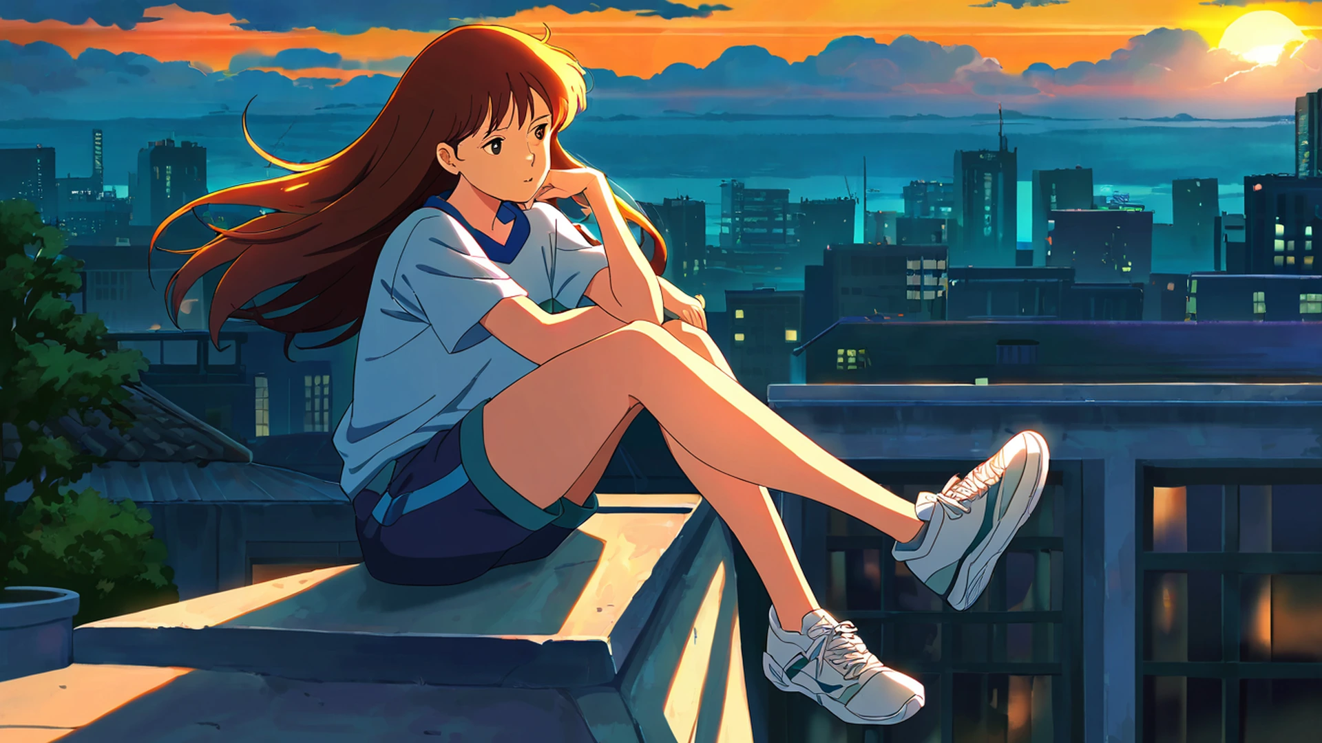 rooftop sunset lofi wallpaper