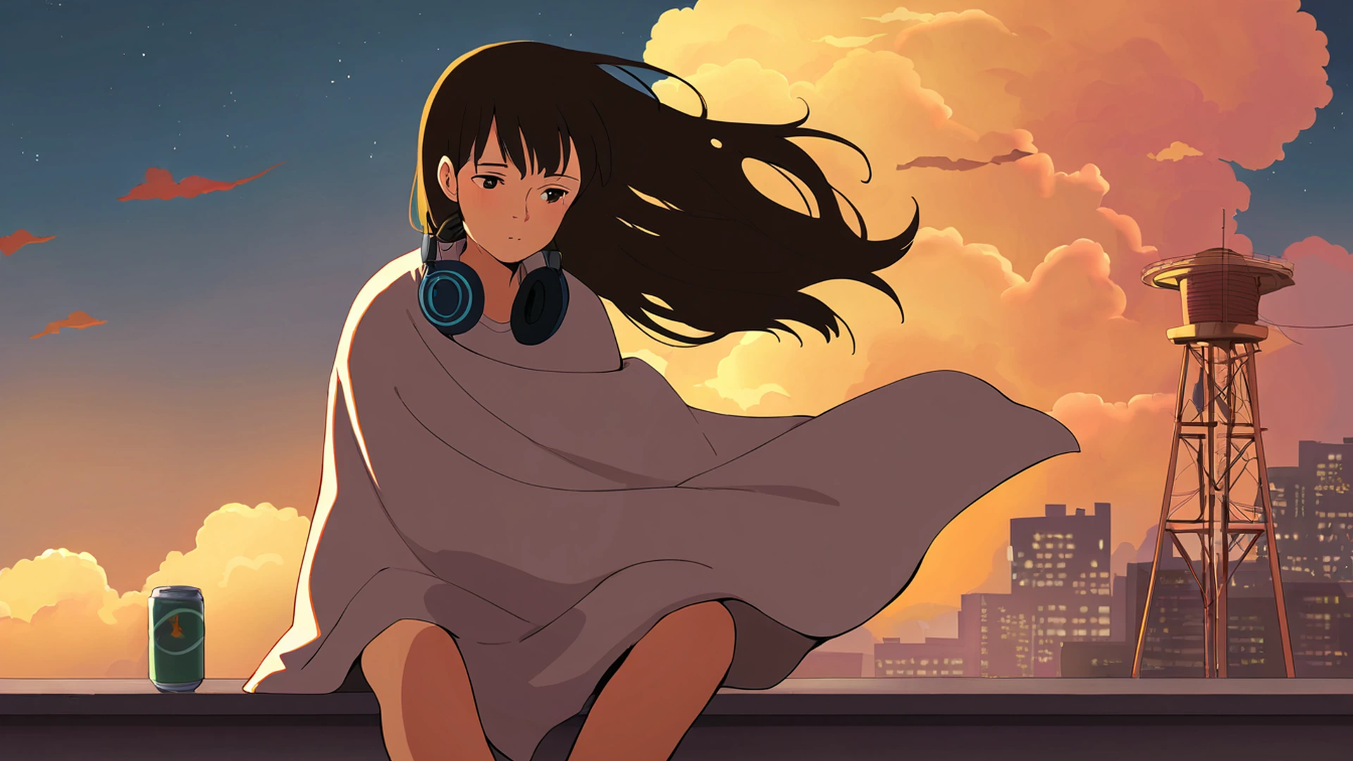 rooftop sunset lofi wallpaper