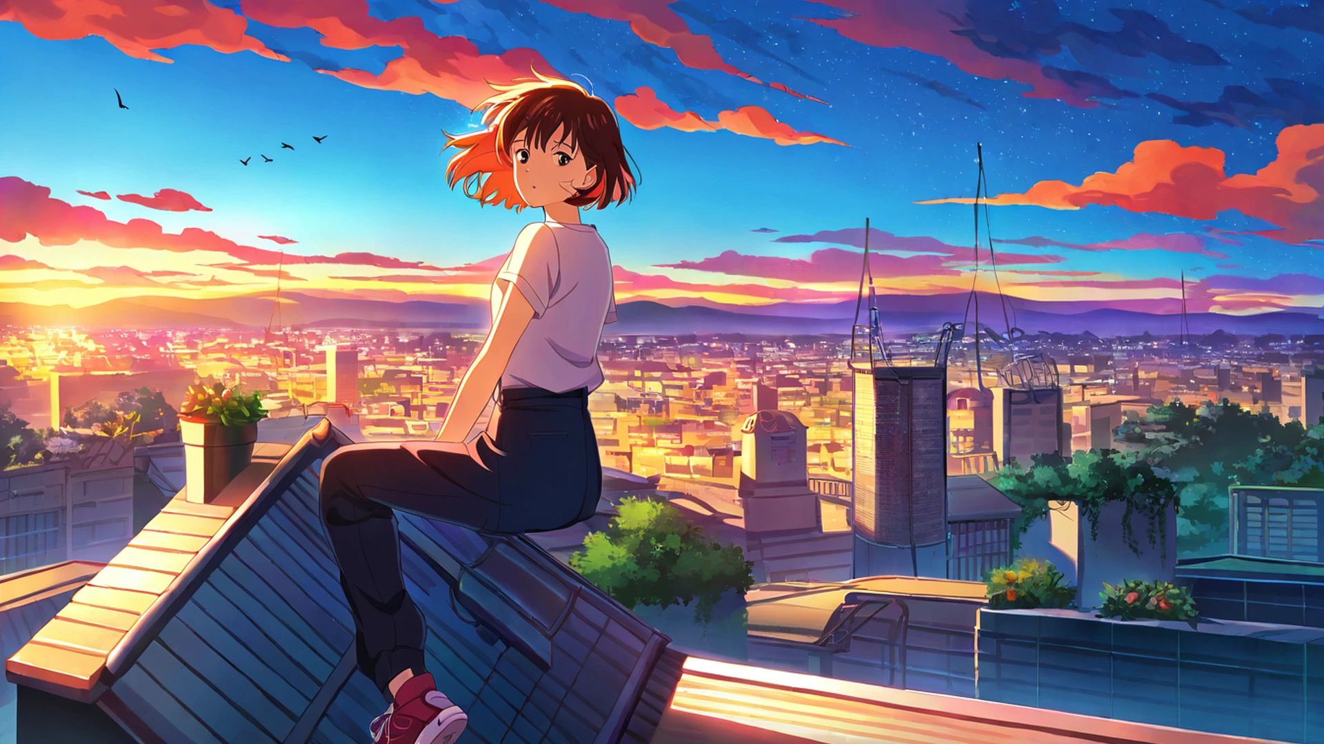 rooftop sunset lofi wallpaper