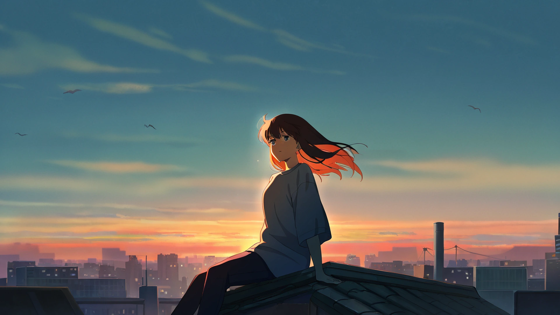 rooftop sunset lofi wallpaper