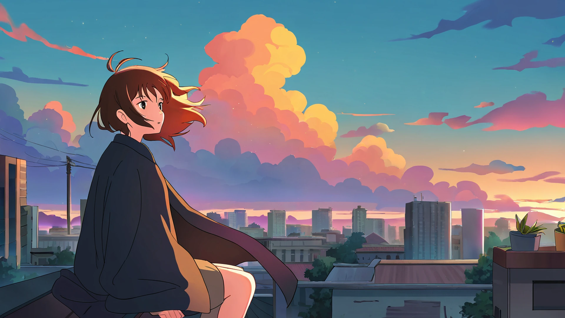 rooftop sunset lofi wallpaper