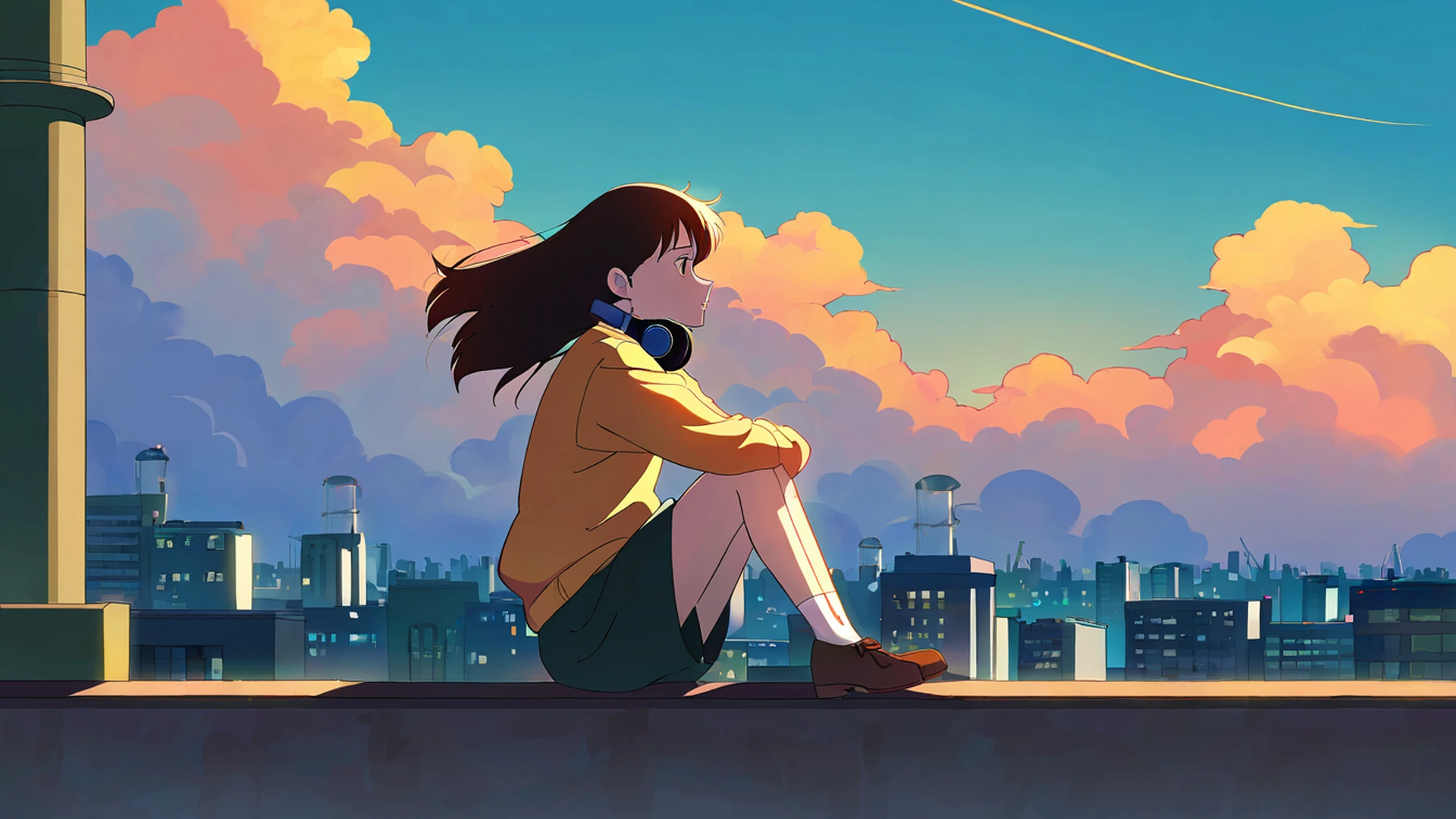 rooftop sunset lofi wallpaper